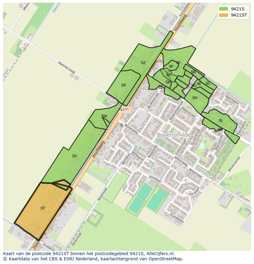 Afbeelding van het postcodegebied 9421 ST op de kaart.