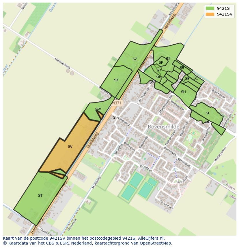 Afbeelding van het postcodegebied 9421 SV op de kaart.