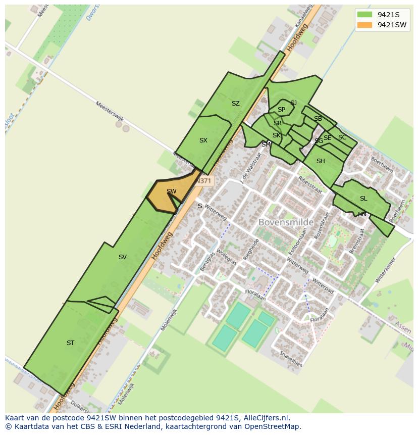 Afbeelding van het postcodegebied 9421 SW op de kaart.