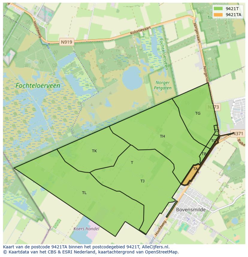 Afbeelding van het postcodegebied 9421 TA op de kaart.