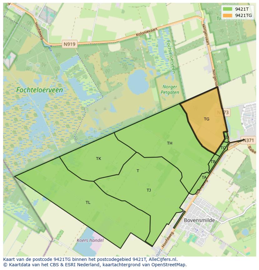 Afbeelding van het postcodegebied 9421 TG op de kaart.