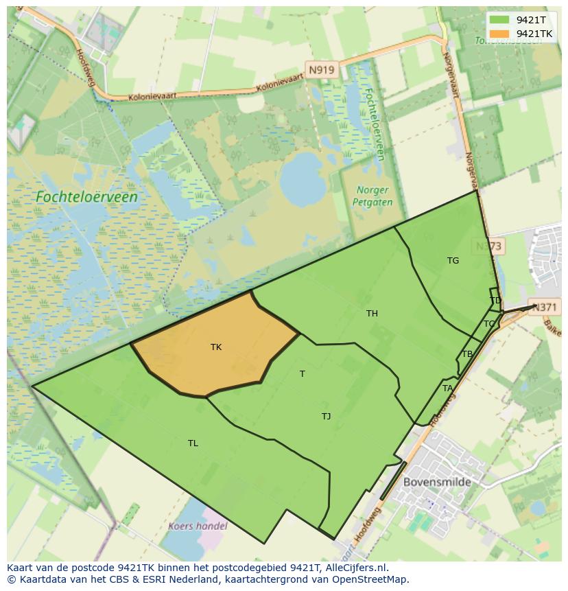 Afbeelding van het postcodegebied 9421 TK op de kaart.