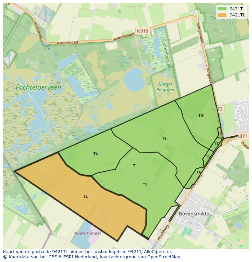 Afbeelding van het postcodegebied 9421 TL op de kaart.