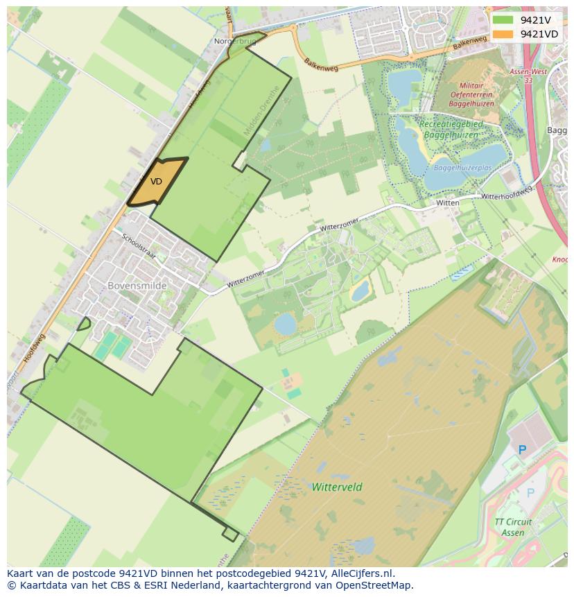 Afbeelding van het postcodegebied 9421 VD op de kaart.