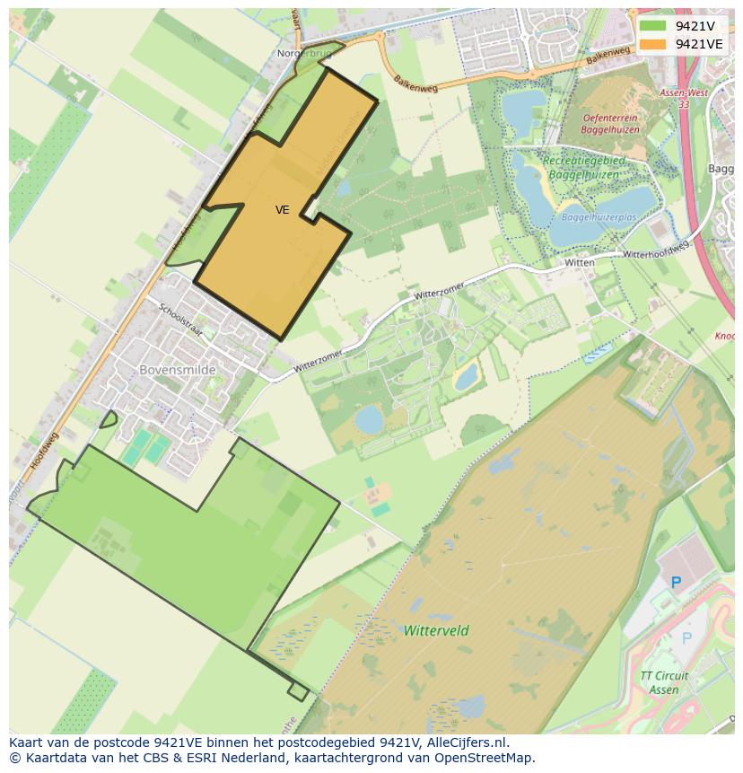 Afbeelding van het postcodegebied 9421 VE op de kaart.