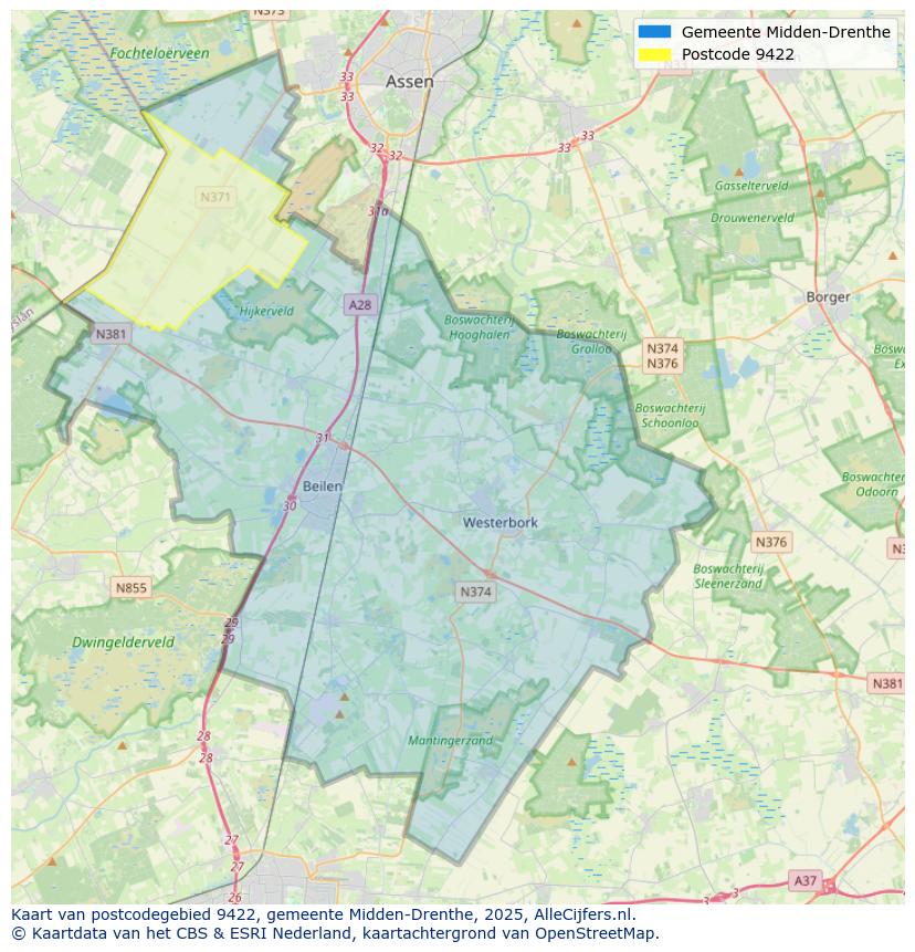 Afbeelding van het postcodegebied 9422 op de kaart.