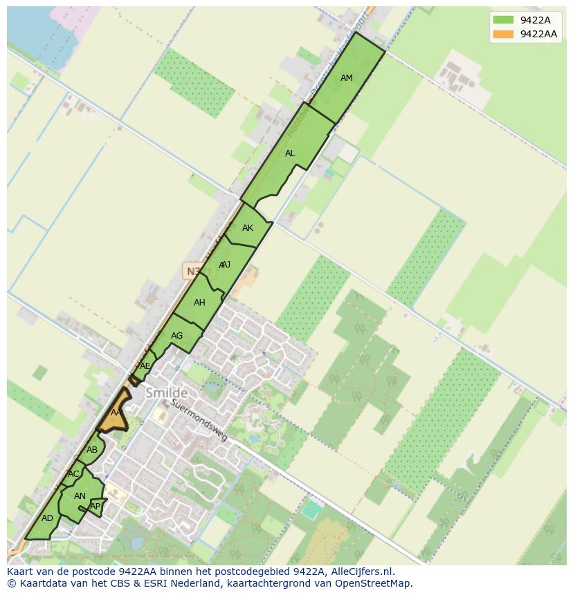 Afbeelding van het postcodegebied 9422 AA op de kaart.