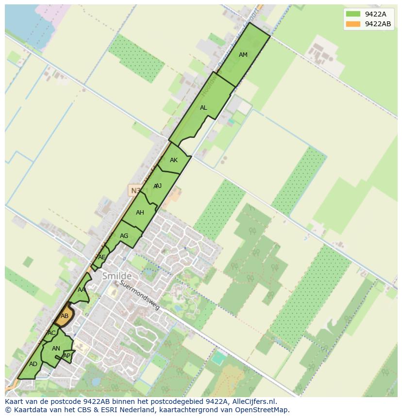 Afbeelding van het postcodegebied 9422 AB op de kaart.