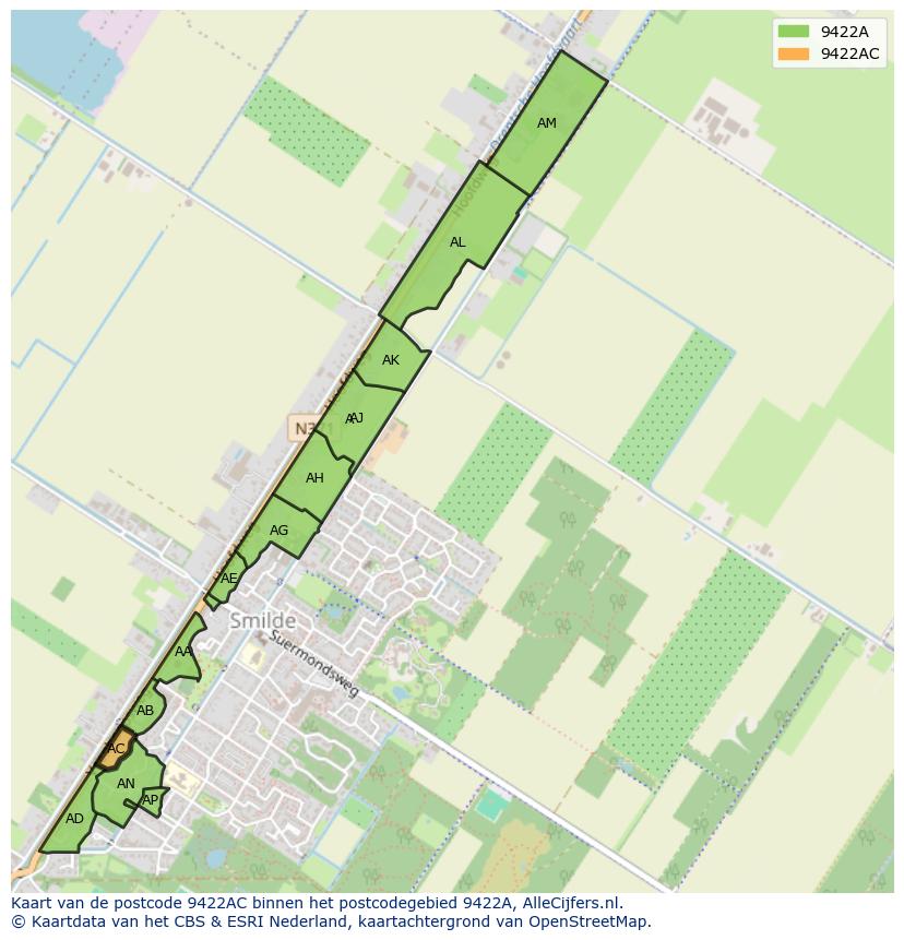 Afbeelding van het postcodegebied 9422 AC op de kaart.