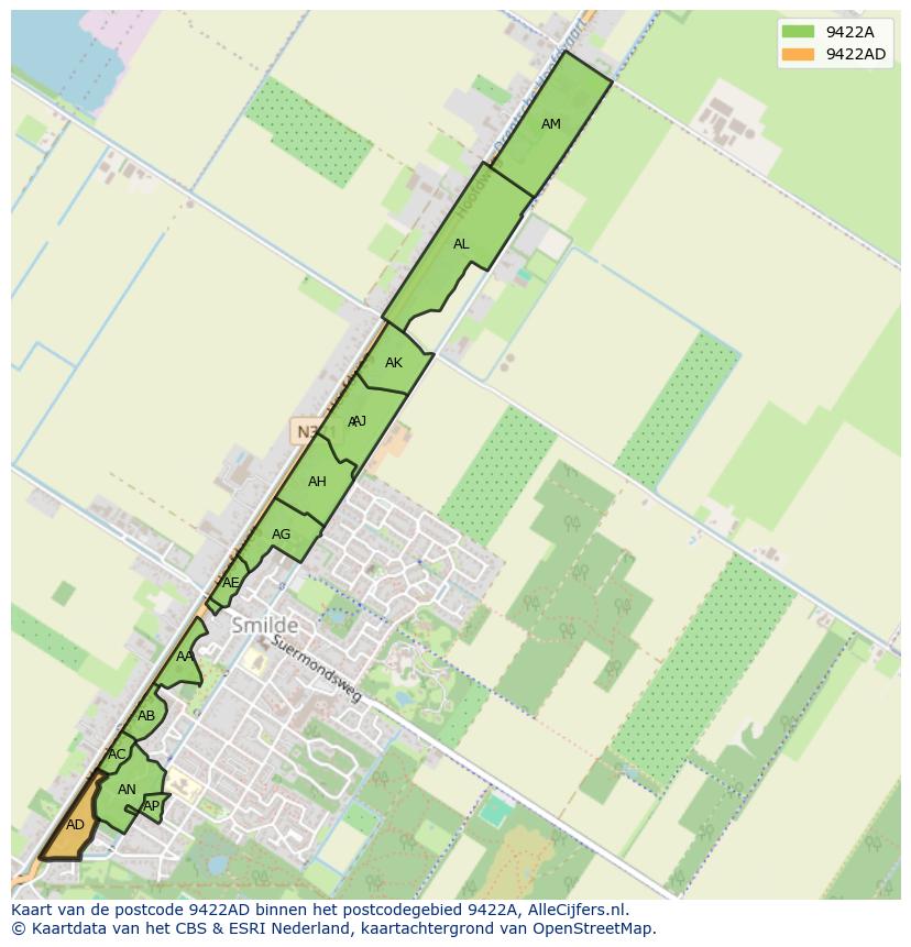 Afbeelding van het postcodegebied 9422 AD op de kaart.