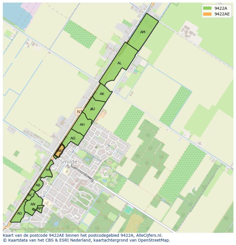 Afbeelding van het postcodegebied 9422 AE op de kaart.