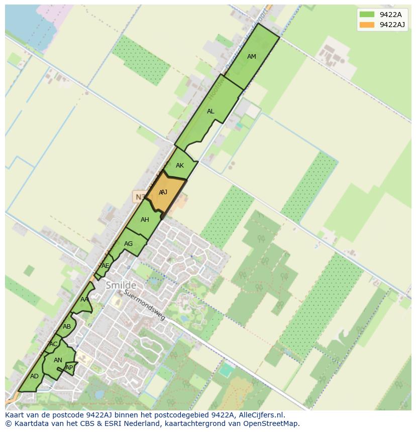 Afbeelding van het postcodegebied 9422 AJ op de kaart.
