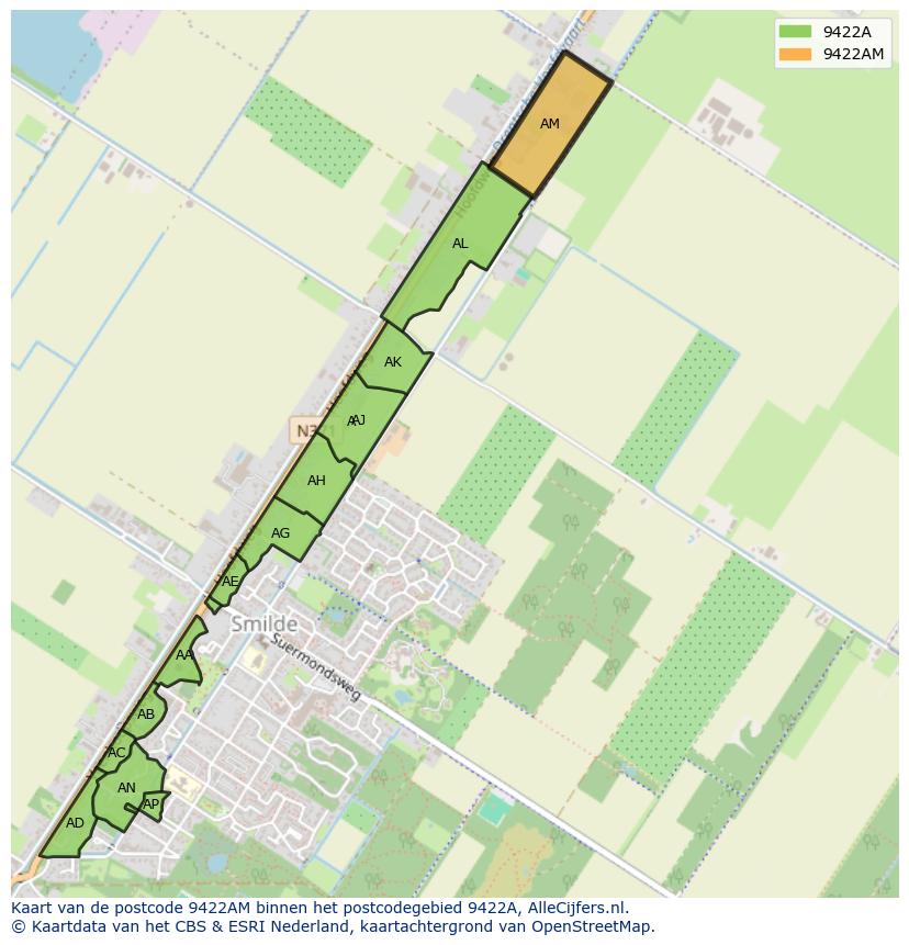 Afbeelding van het postcodegebied 9422 AM op de kaart.