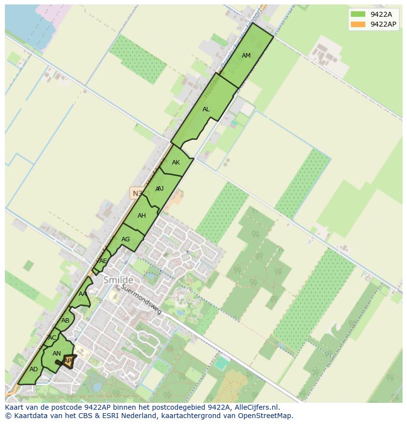 Afbeelding van het postcodegebied 9422 AP op de kaart.