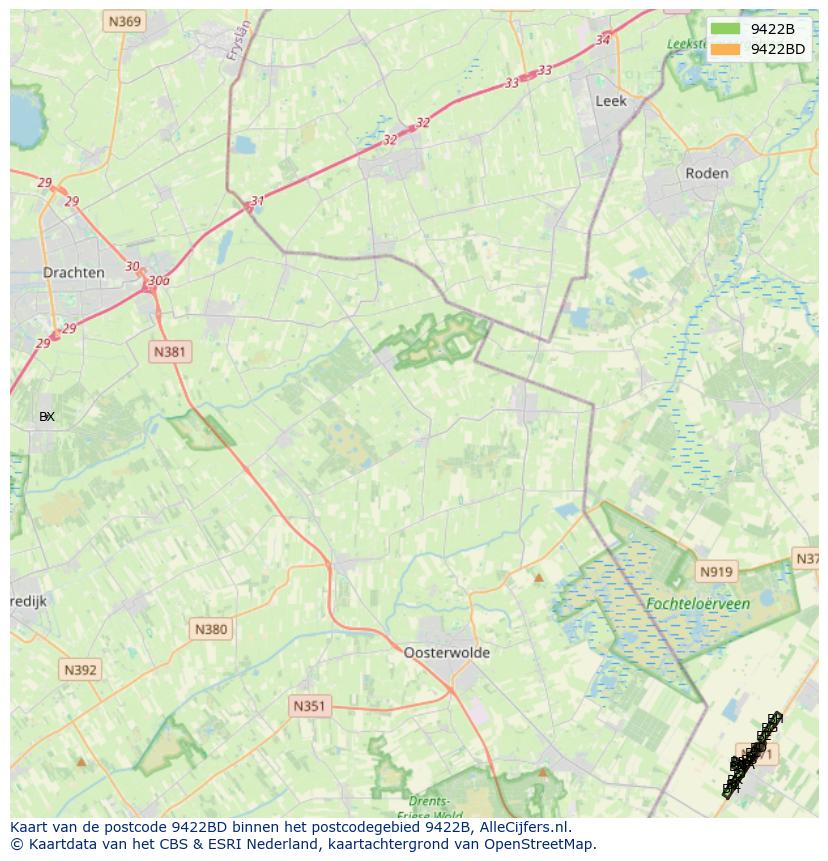 Afbeelding van het postcodegebied 9422 BD op de kaart.