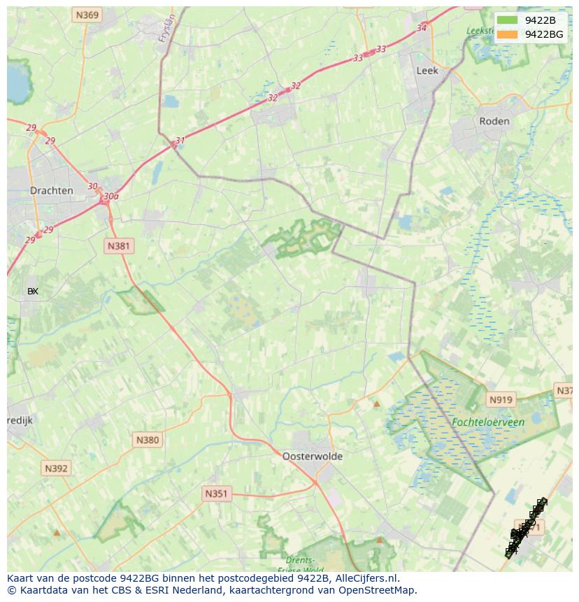 Afbeelding van het postcodegebied 9422 BG op de kaart.
