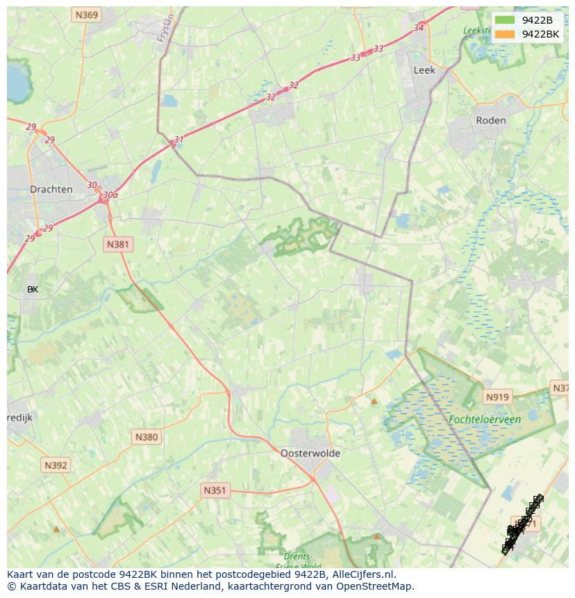 Afbeelding van het postcodegebied 9422 BK op de kaart.