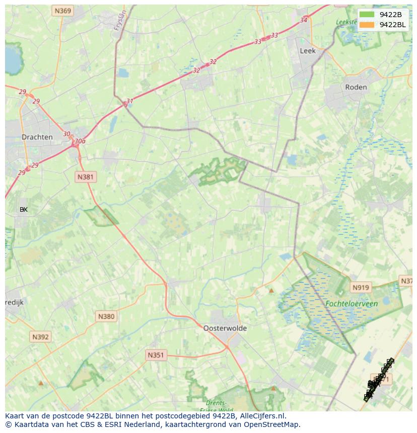 Afbeelding van het postcodegebied 9422 BL op de kaart.