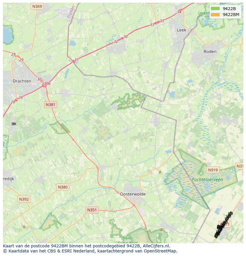 Afbeelding van het postcodegebied 9422 BM op de kaart.