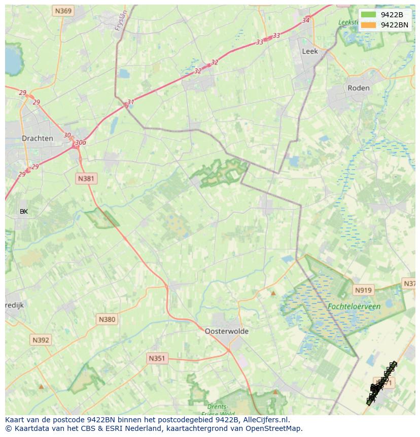 Afbeelding van het postcodegebied 9422 BN op de kaart.