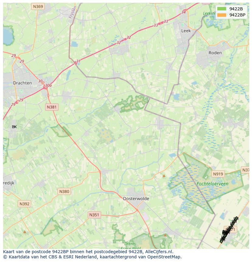 Afbeelding van het postcodegebied 9422 BP op de kaart.