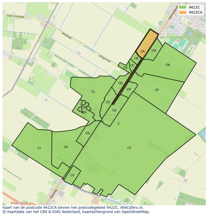 Afbeelding van het postcodegebied 9422 CA op de kaart.