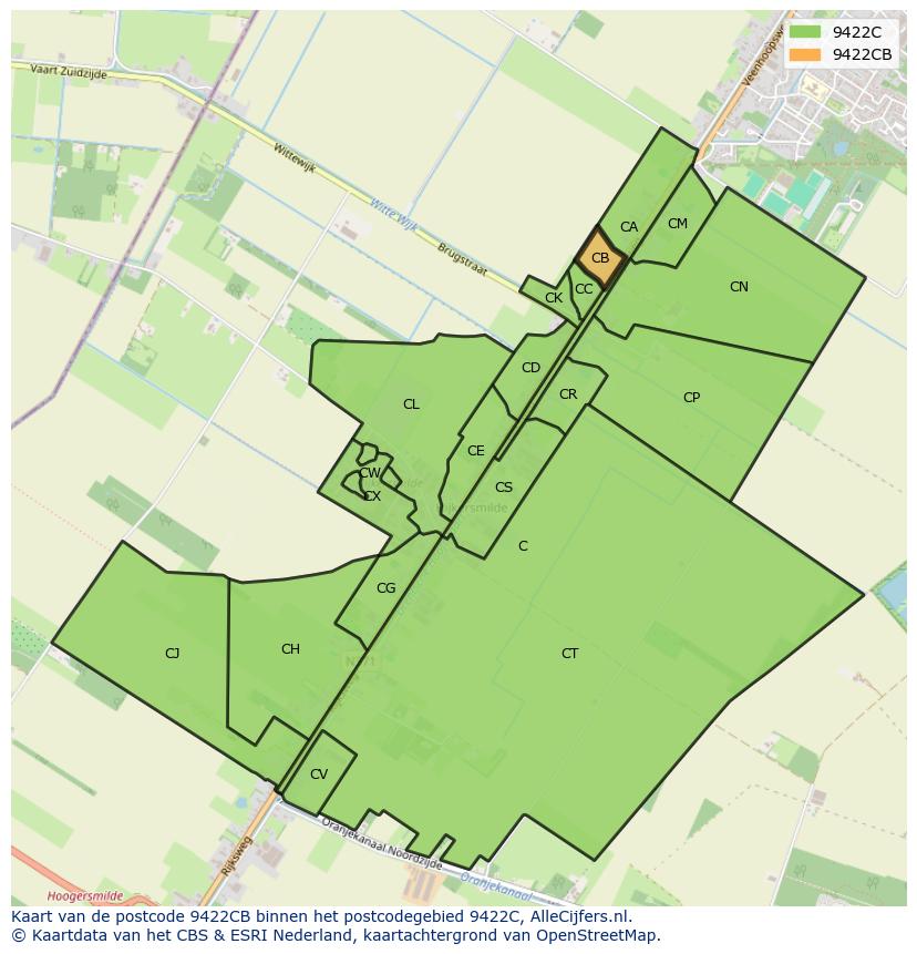 Afbeelding van het postcodegebied 9422 CB op de kaart.