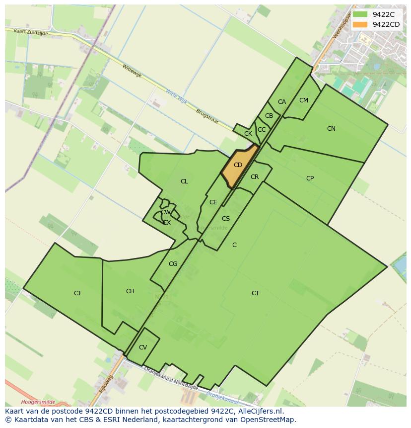 Afbeelding van het postcodegebied 9422 CD op de kaart.