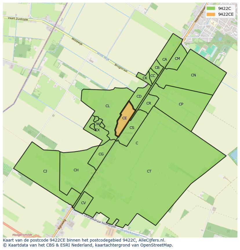 Afbeelding van het postcodegebied 9422 CE op de kaart.