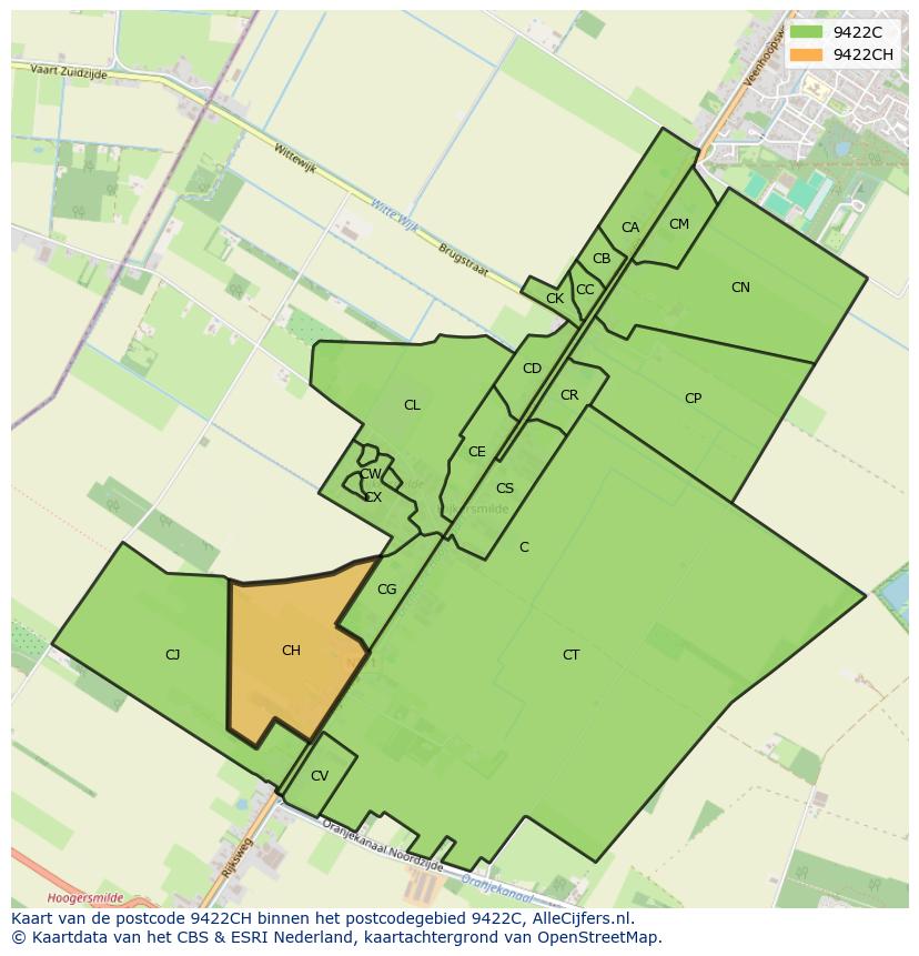 Afbeelding van het postcodegebied 9422 CH op de kaart.
