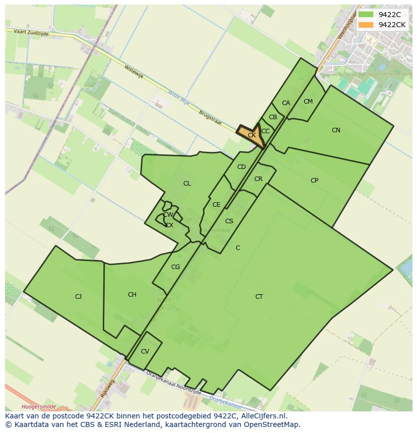 Afbeelding van het postcodegebied 9422 CK op de kaart.