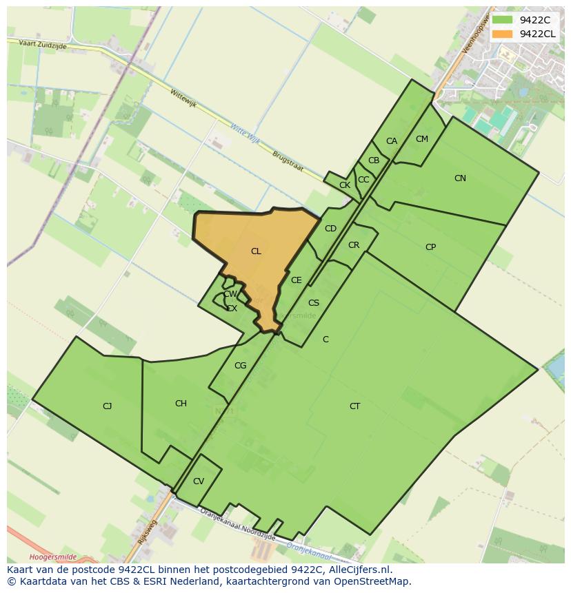 Afbeelding van het postcodegebied 9422 CL op de kaart.