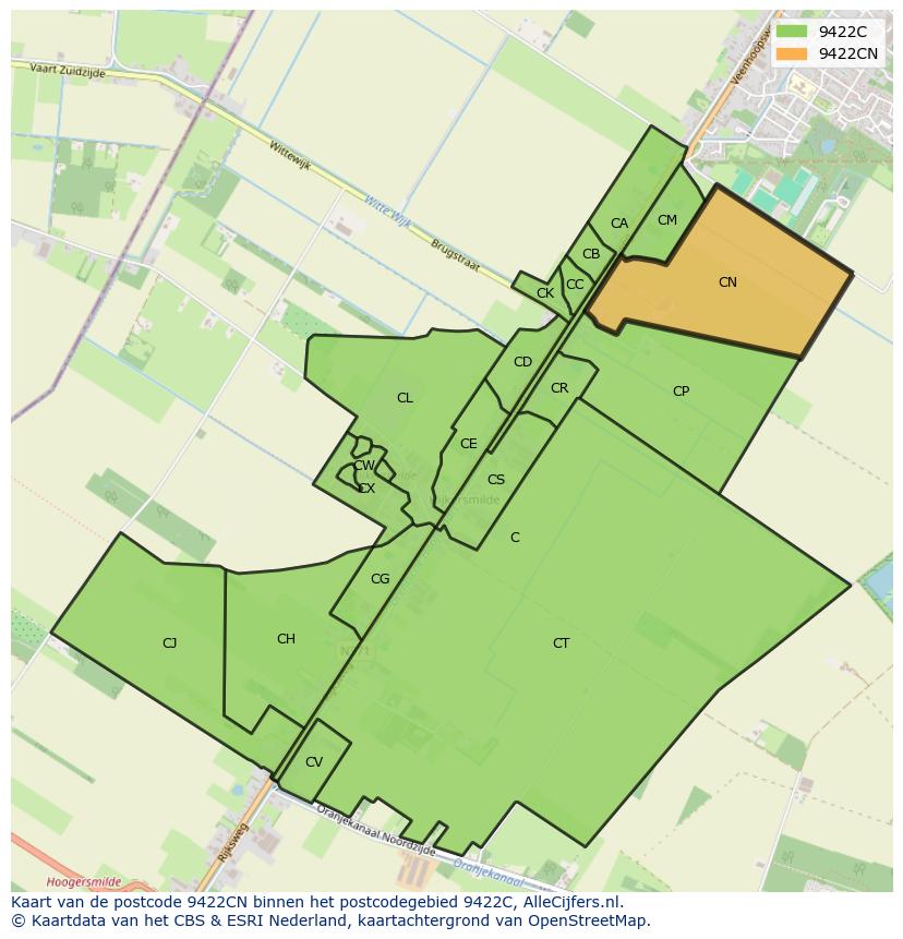 Afbeelding van het postcodegebied 9422 CN op de kaart.