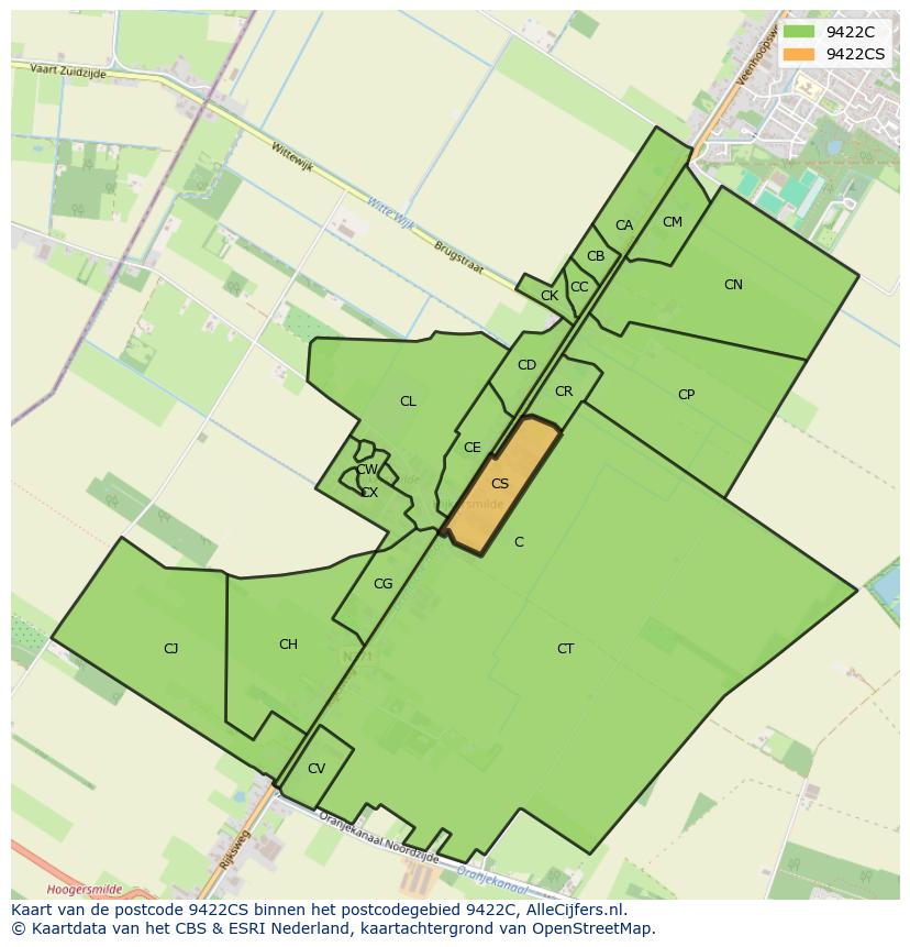 Afbeelding van het postcodegebied 9422 CS op de kaart.