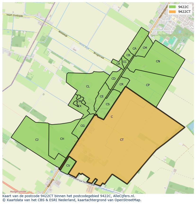Afbeelding van het postcodegebied 9422 CT op de kaart.