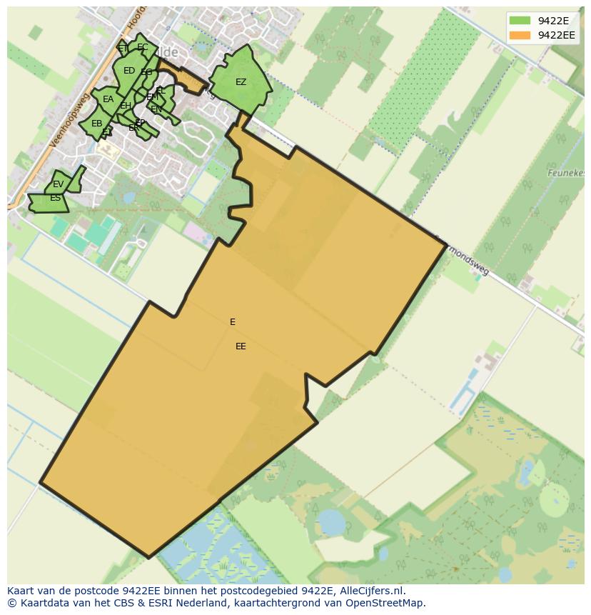 Afbeelding van het postcodegebied 9422 EE op de kaart.