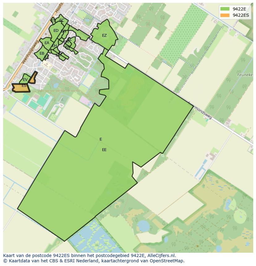 Afbeelding van het postcodegebied 9422 ES op de kaart.