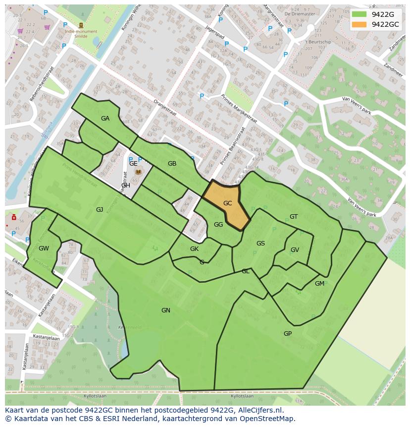 Afbeelding van het postcodegebied 9422 GC op de kaart.