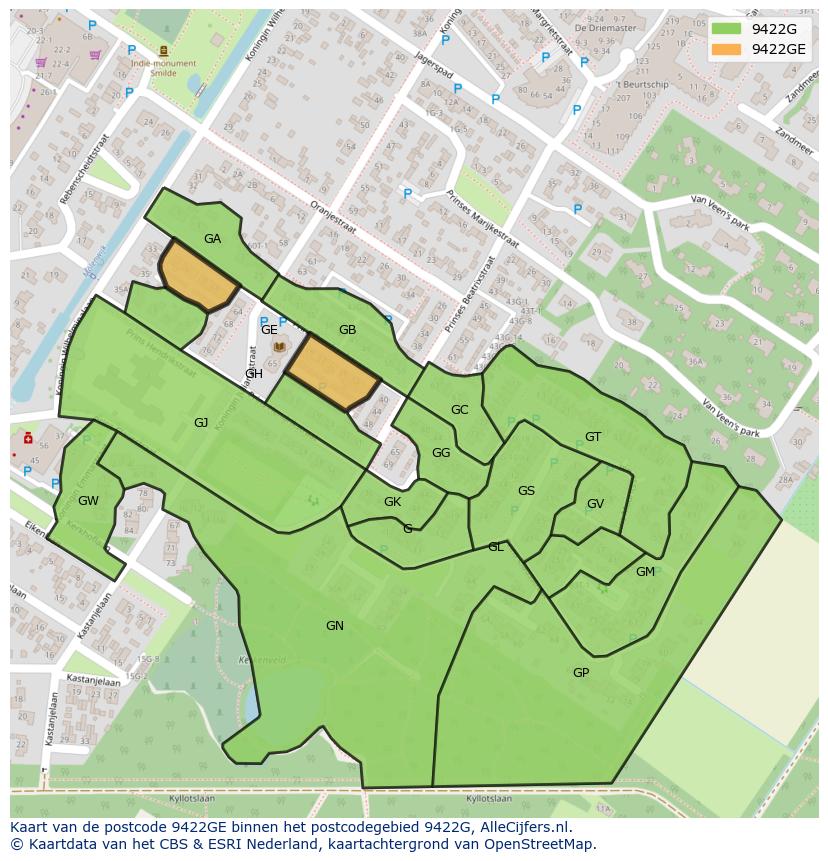 Afbeelding van het postcodegebied 9422 GE op de kaart.
