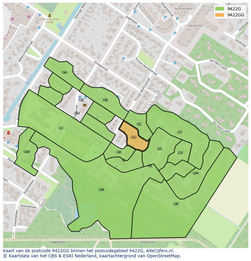 Afbeelding van het postcodegebied 9422 GG op de kaart.