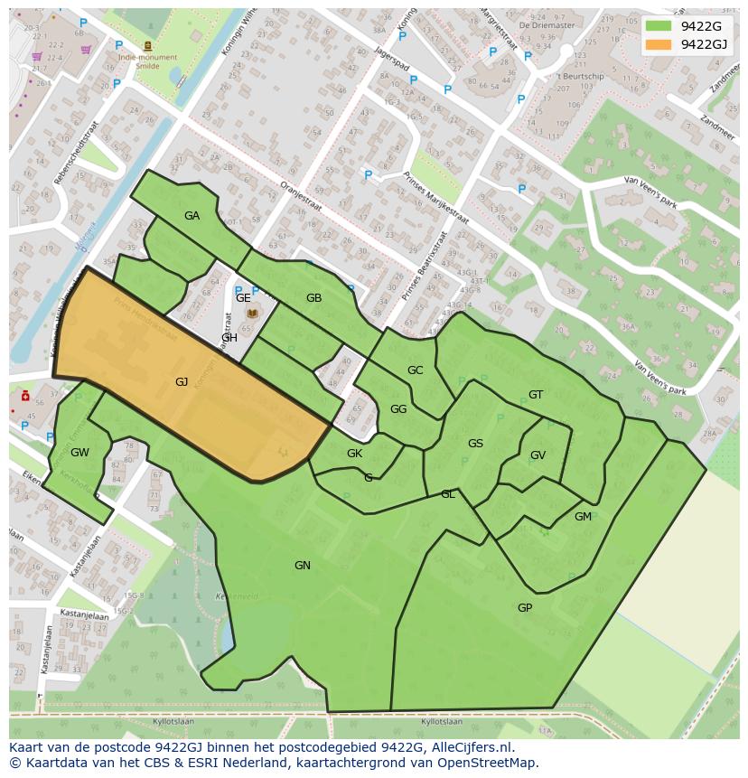 Afbeelding van het postcodegebied 9422 GJ op de kaart.