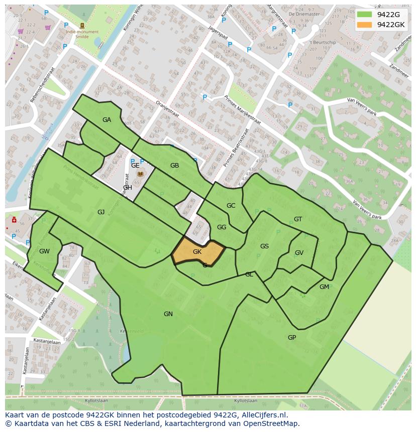 Afbeelding van het postcodegebied 9422 GK op de kaart.