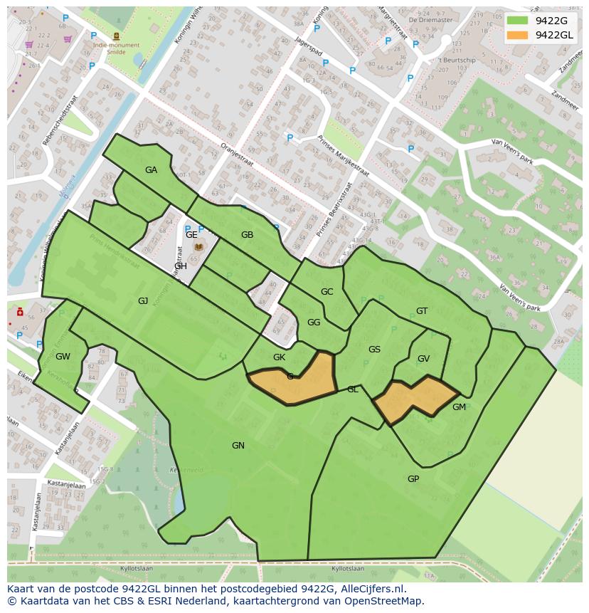 Afbeelding van het postcodegebied 9422 GL op de kaart.