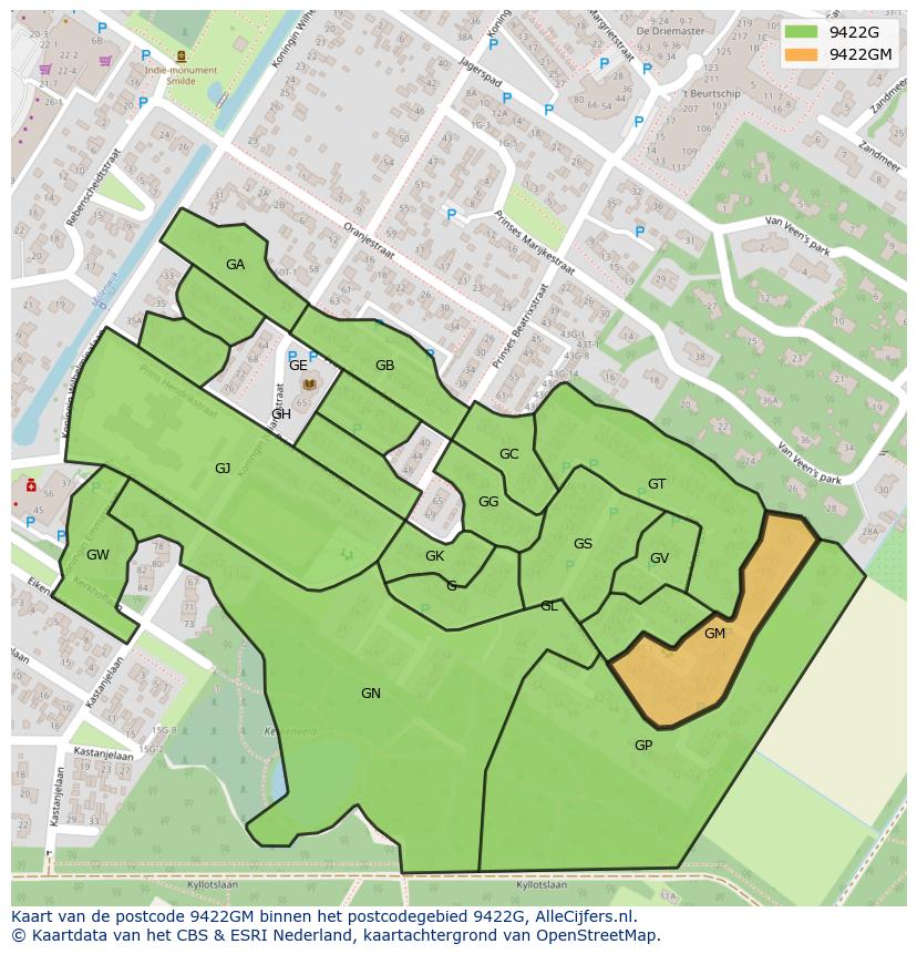 Afbeelding van het postcodegebied 9422 GM op de kaart.