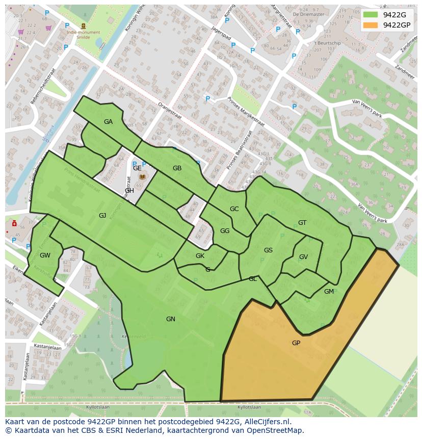 Afbeelding van het postcodegebied 9422 GP op de kaart.