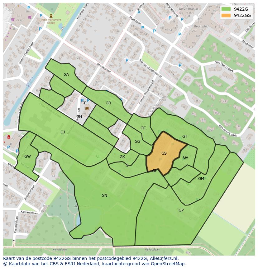 Afbeelding van het postcodegebied 9422 GS op de kaart.
