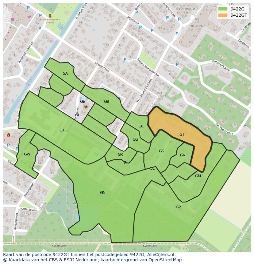 Afbeelding van het postcodegebied 9422 GT op de kaart.