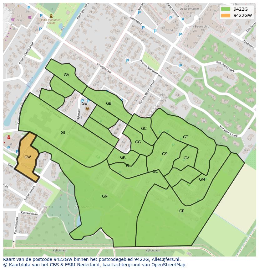 Afbeelding van het postcodegebied 9422 GW op de kaart.