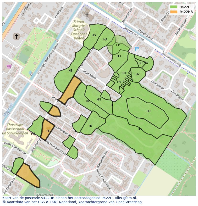 Afbeelding van het postcodegebied 9422 HB op de kaart.