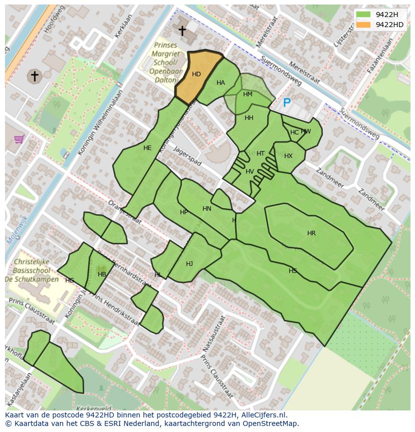 Afbeelding van het postcodegebied 9422 HD op de kaart.